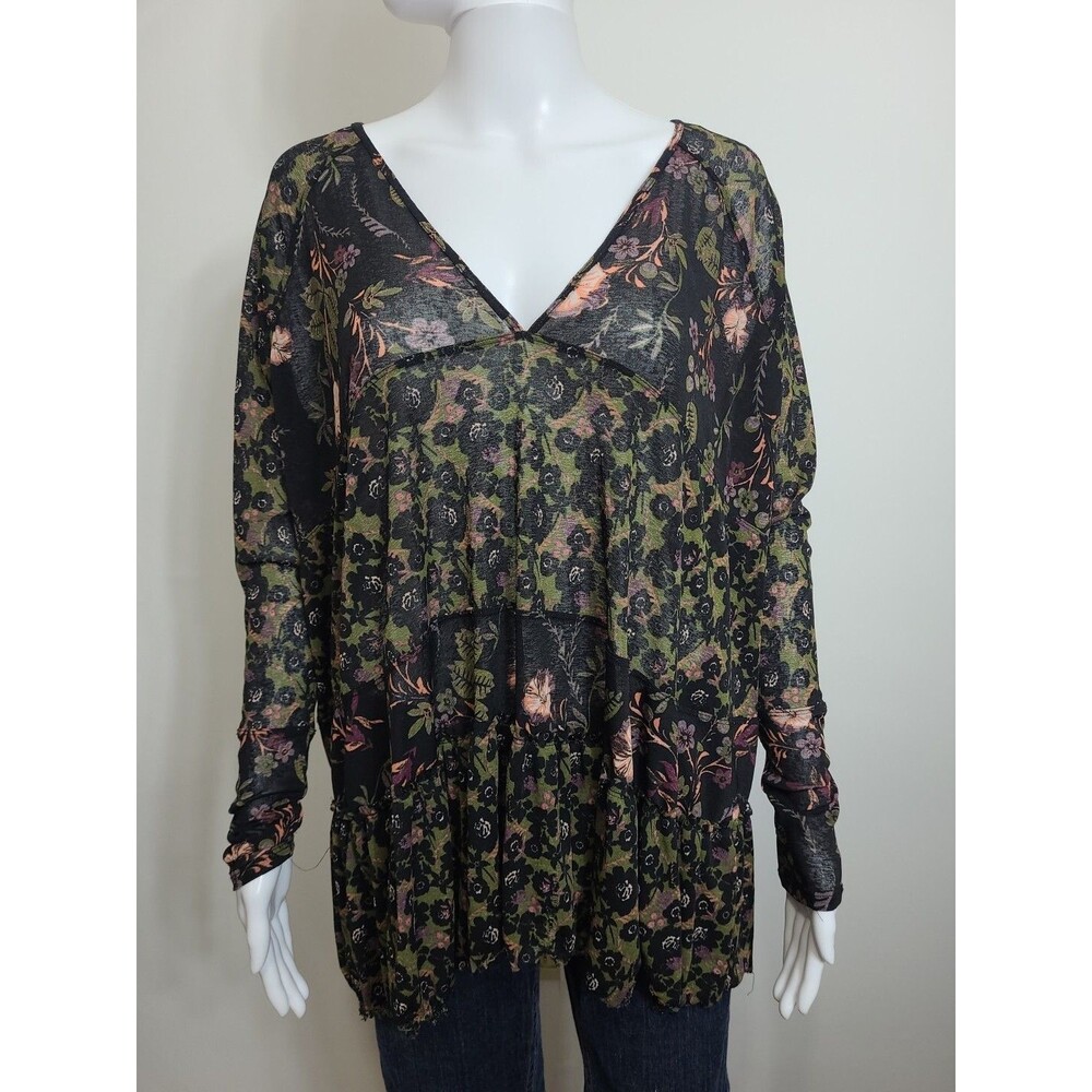Free People Semi Sheer Top Womens Size Small Long Sleeve Multicolor Floral Top